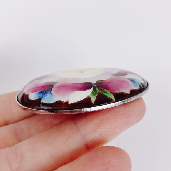 Vintage Mid Century Brooch Reverse Painted Glass Floral Oval Pin 1950s 60s - Picture 5 of 10